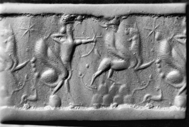 800px-Mesopotamian_-_Cylinder_Seal_with_Scorpion_Man_Shooting_at_Winged_Creatures_-_Walters_42807
